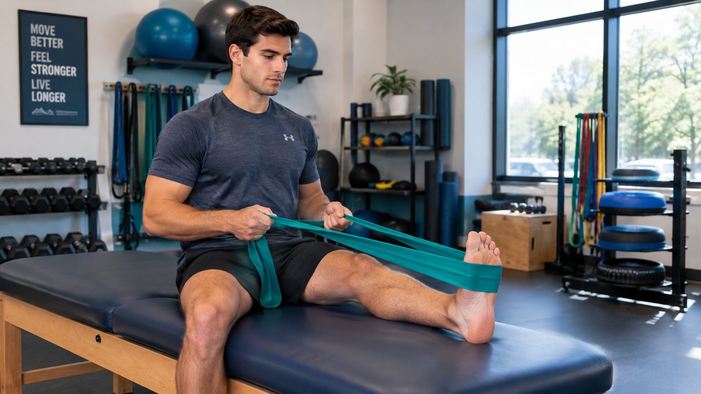 Person performing a resistance-band ankle mobility exercise