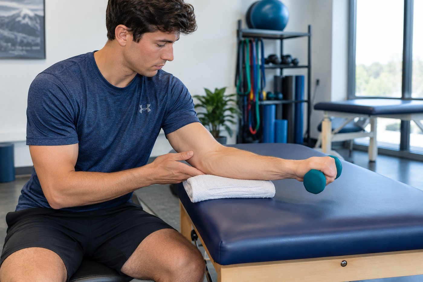 Person performing a supported wrist-strengthening exercise for tennis elbow rehabilitation